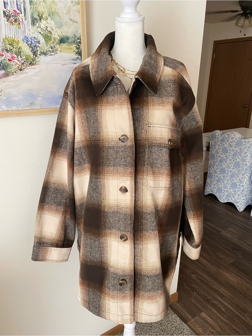 Old Navy Oversized Plaid Faux Wool Shacket Jacket Brown Cream XXL